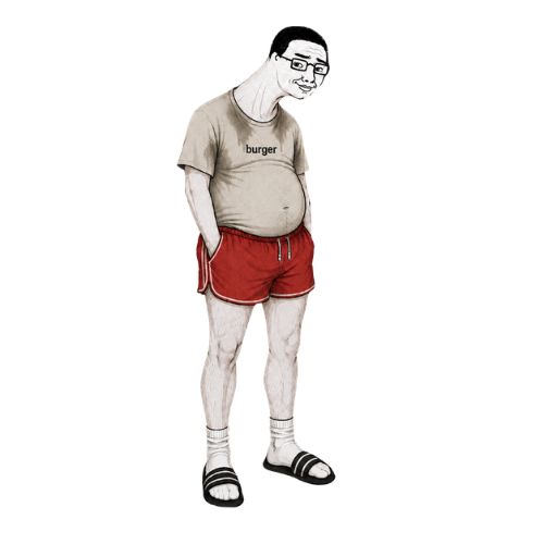 The $burger mascot: an everyman in a burger tee, red shorts and slides, hands in his pockets